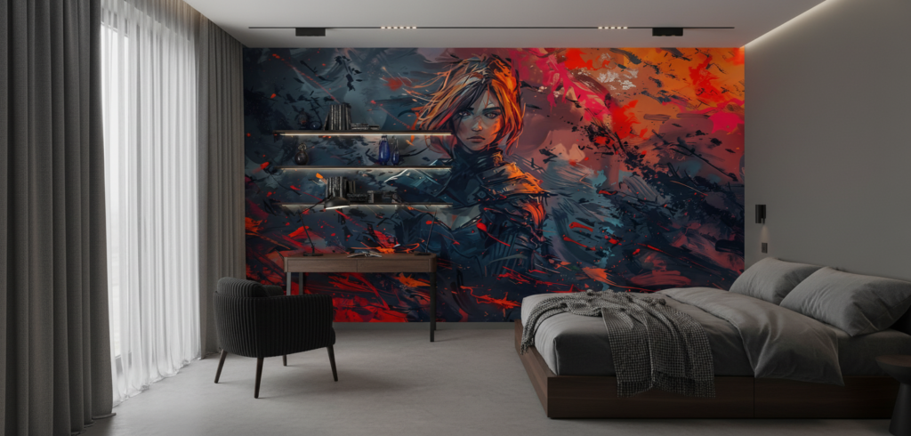 Papier Peint Fantastique Guerrière Flammes Rouges Style Anime Épique - Chambre ado