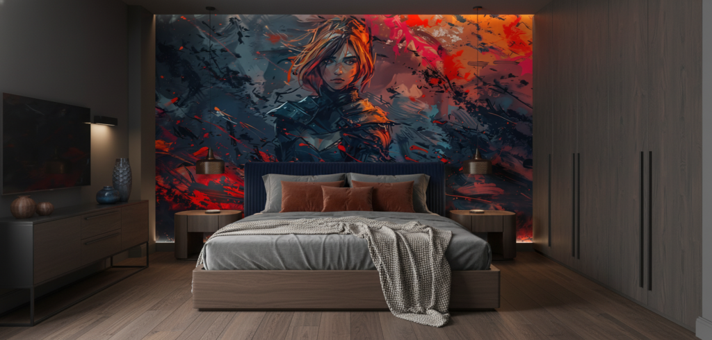 Papier Peint Fantastique Guerrière Flammes Rouges Style Anime Épique - Chambre adulte