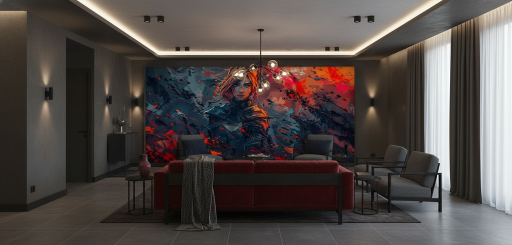 Papier Peint Fantastique Guerrière Flammes Rouges Style Anime Épique - Hôtel