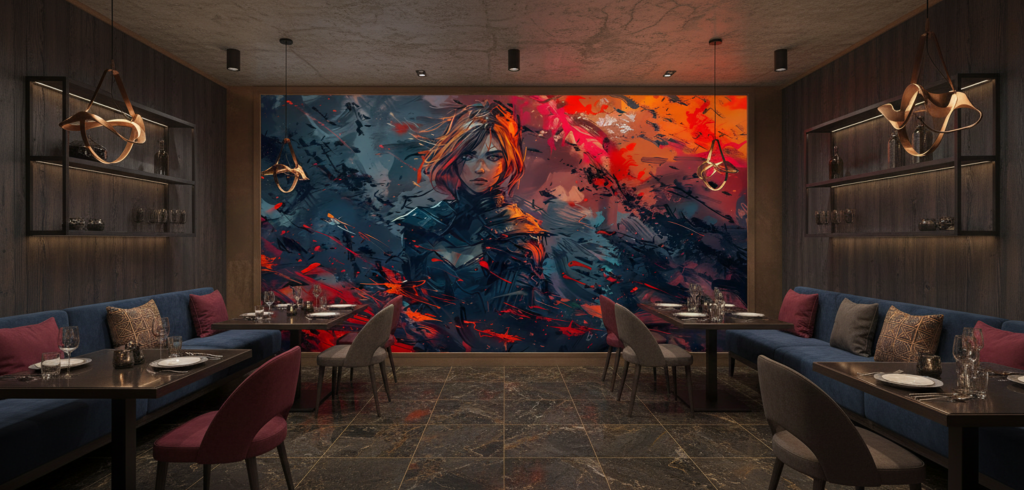 Papier Peint Fantastique Guerrière Flammes Rouges Style Anime Épique - Restaurant