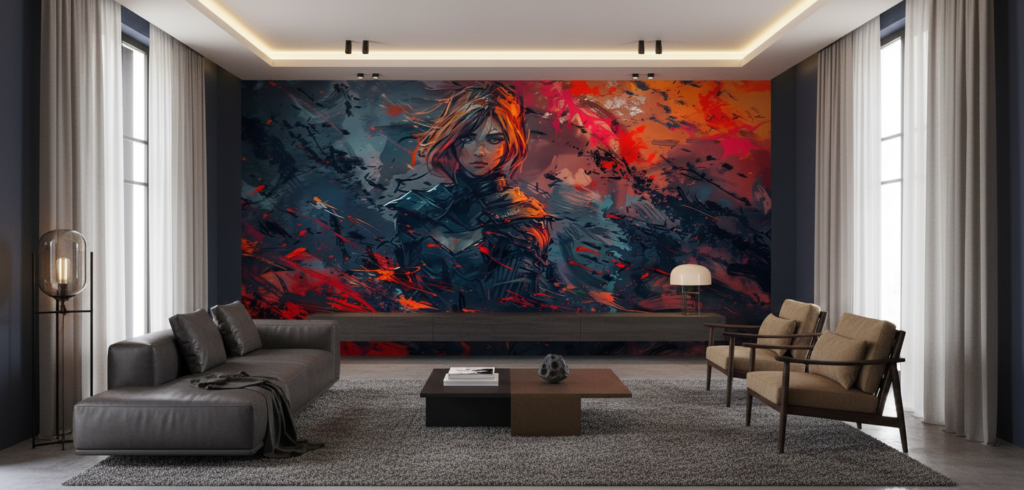 Papier Peint Fantastique Guerrière Flammes Rouges Style Anime Épique - Salon / Séjour