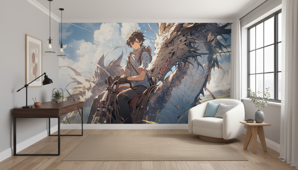 Papier peint fantasy dragon et cavalier aventure épique manga - Bureau