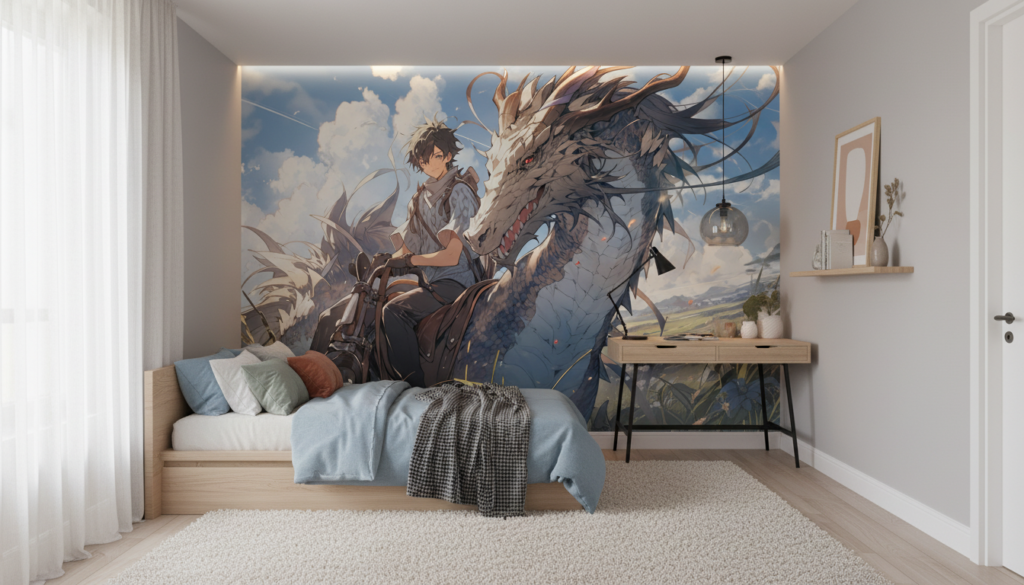 Papier peint fantasy dragon et cavalier aventure épique manga - Chambre ado