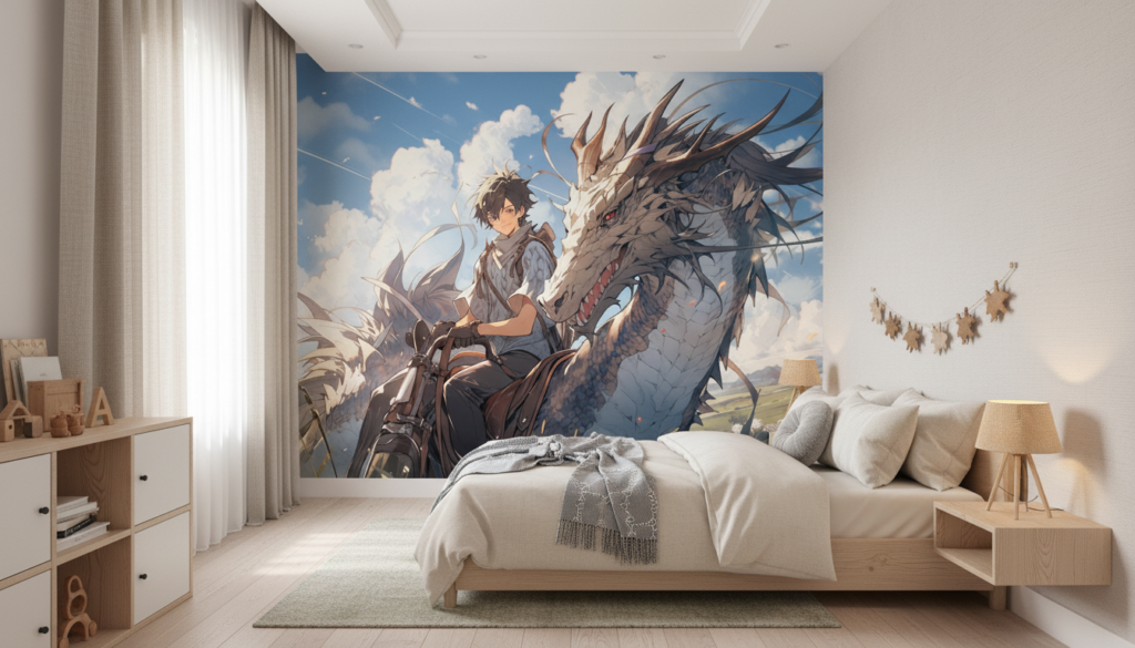 Papier peint fantasy dragon et cavalier aventure épique manga - Chambre enfant