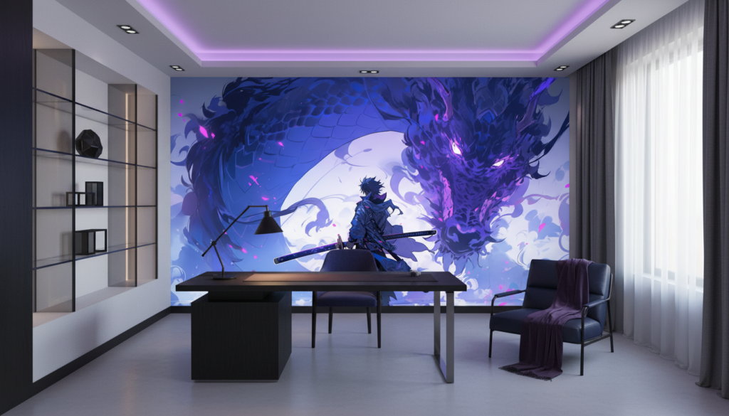 Papier Peint Fantasy Dragon Samouraï Mystique Bleu Violet - Bureau