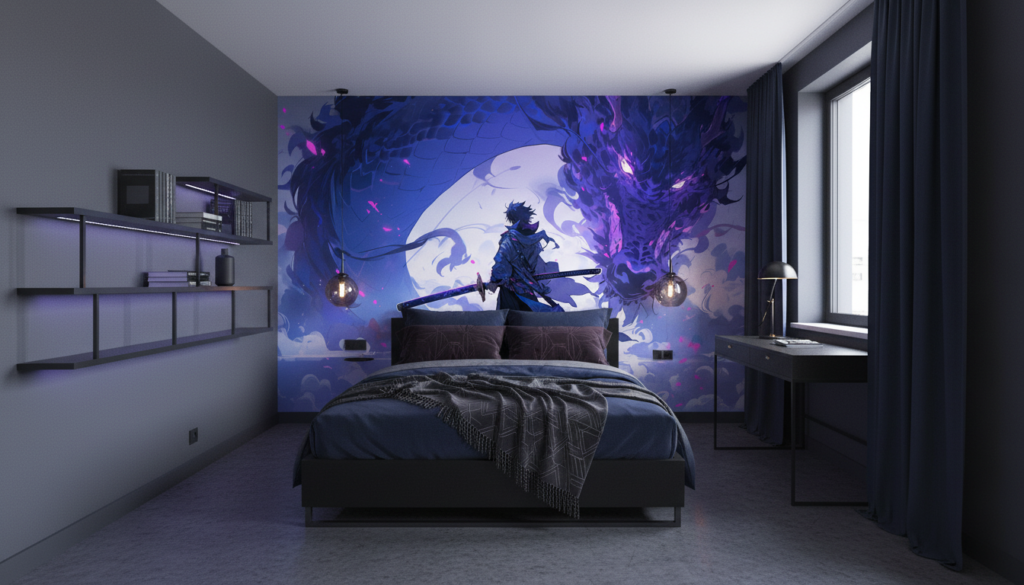 Papier Peint Fantasy Dragon Samouraï Mystique Bleu Violet - Chambre ado