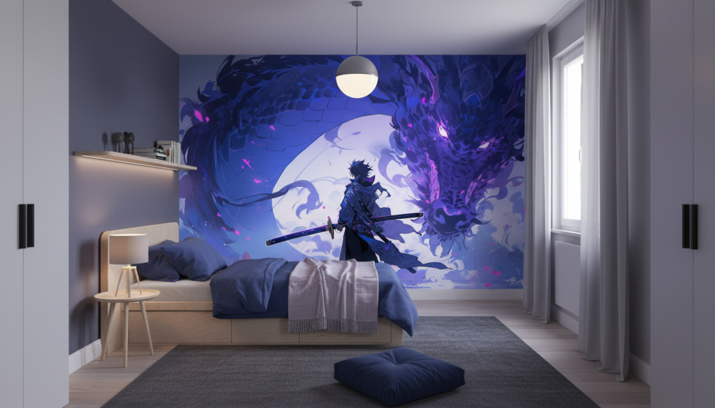 Papier Peint Fantasy Dragon Samouraï Mystique Bleu Violet - Chambre enfant