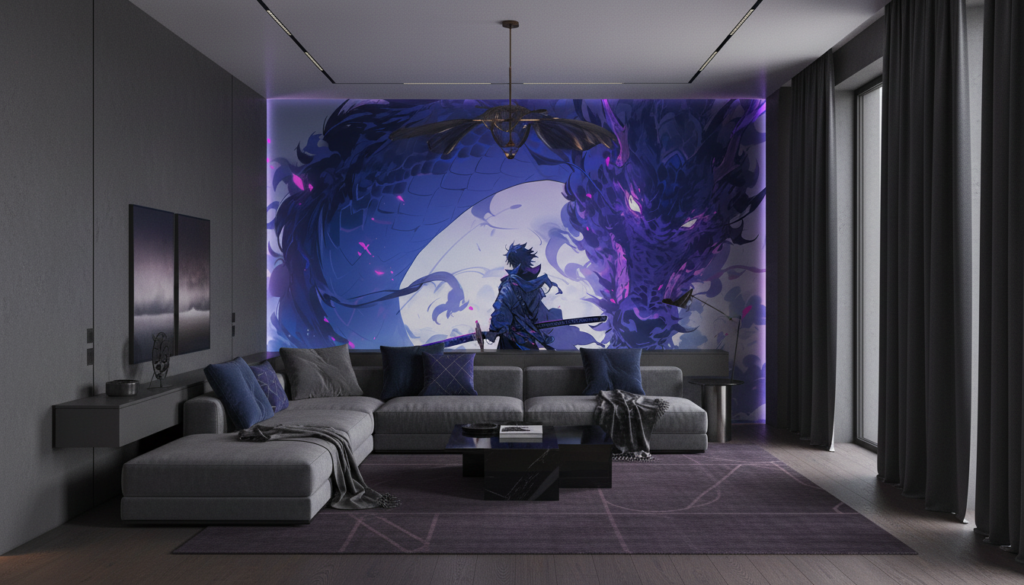 Papier Peint Fantasy Dragon Samouraï Mystique Bleu Violet - Salon / Séjour