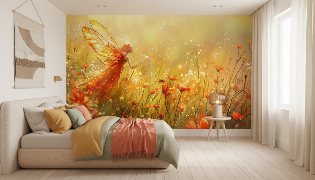 Papier peint féérique avec fée dorée dans jardin lumineux - Chambre ado