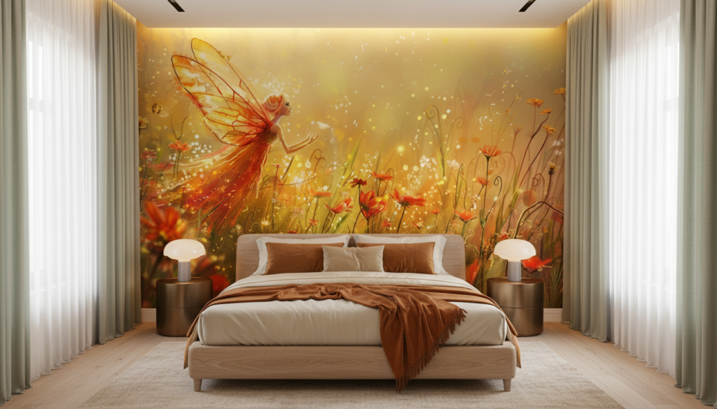 Papier peint féérique avec fée dorée dans jardin lumineux - Chambre adulte