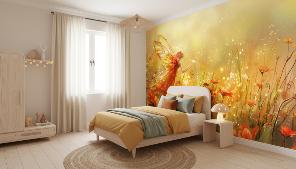Papier peint féérique avec fée dorée dans jardin lumineux - Chambre enfant