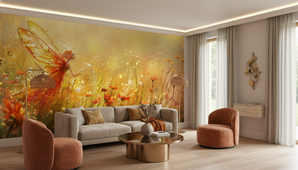 Papier peint féérique avec fée dorée dans jardin lumineux - Salon / Séjour