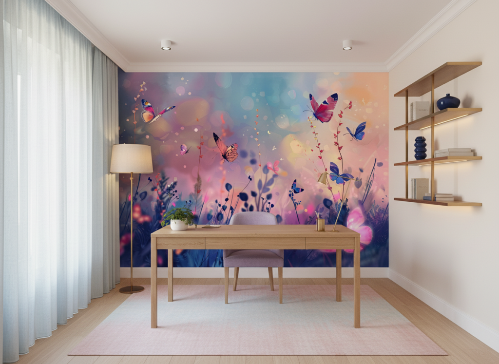 Papier peint féérique papillons colorés jardin enchanté bokeh - Bureau