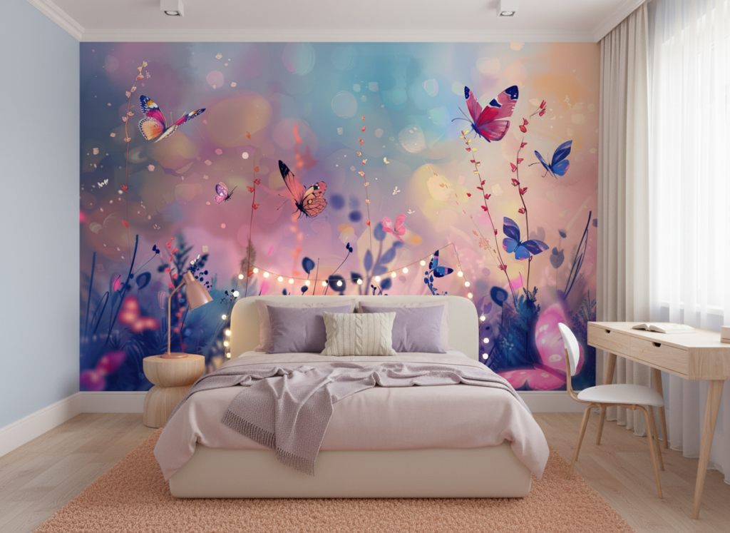 Papier peint féérique papillons colorés jardin enchanté bokeh - Chambre ado