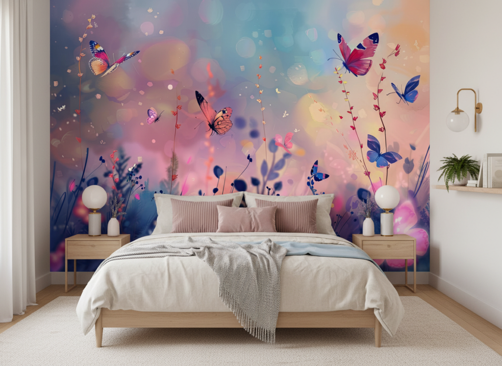 Papier peint féérique papillons colorés jardin enchanté bokeh - Chambre adulte