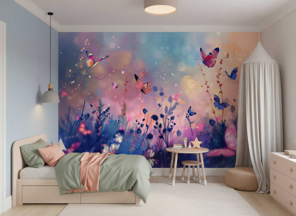 Papier peint féérique papillons colorés jardin enchanté bokeh - Chambre enfant