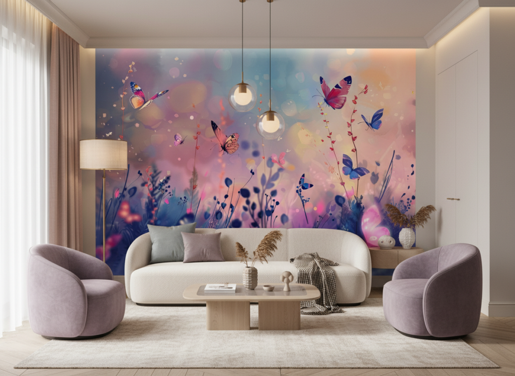 Papier peint féérique papillons colorés jardin enchanté bokeh - Salon / Séjour
