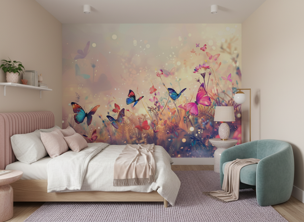 Papier peint féérique papillons colorés sur fond lumineux pastel - Chambre ado