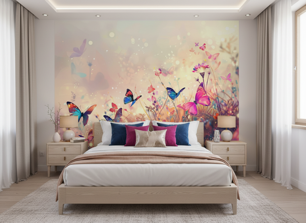 Papier peint féérique papillons colorés sur fond lumineux pastel - Chambre adulte
