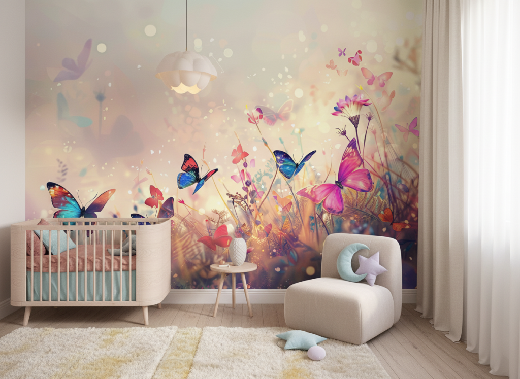 Papier peint féérique papillons colorés sur fond lumineux pastel - Chambre enfant