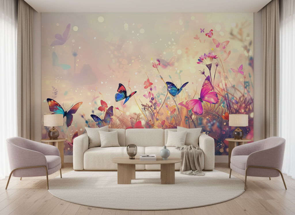 Papier peint féérique papillons colorés sur fond lumineux pastel - Salon / Séjour