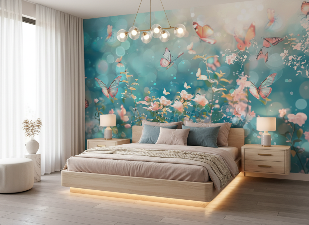 Papier peint féérique papillons multicolores et fleurs sur fond turquoise - Chambre adulte