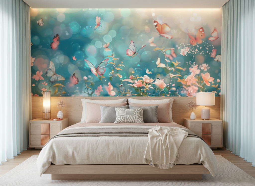 Papier peint féérique papillons multicolores et fleurs sur fond turquoise - Chambre adulte