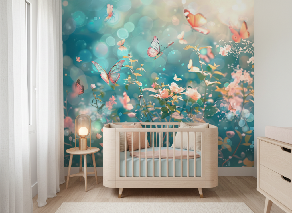 Papier peint féérique papillons multicolores et fleurs sur fond turquoise - Chambre bébé