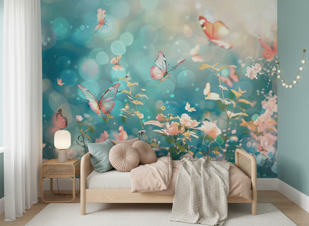 Papier peint féérique papillons multicolores et fleurs sur fond turquoise - Chambre enfant
