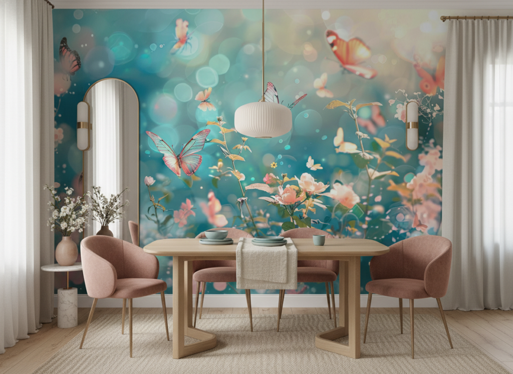 Papier peint féérique papillons multicolores et fleurs sur fond turquoise - Salle à manger