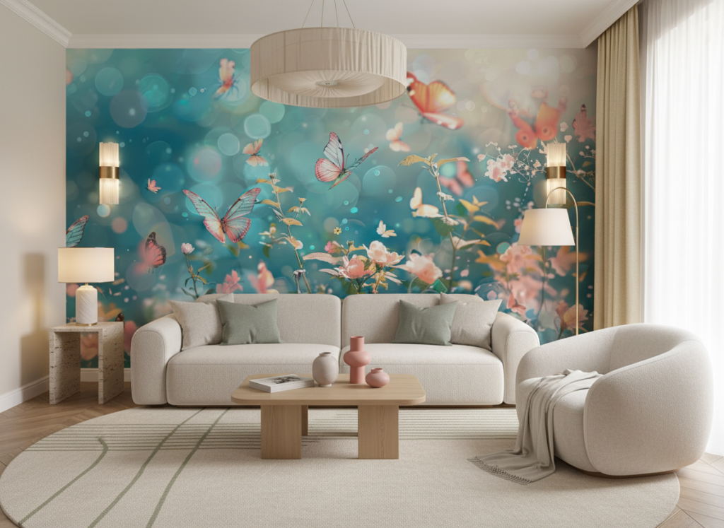 Papier peint féérique papillons multicolores et fleurs sur fond turquoise - Salon / Séjour