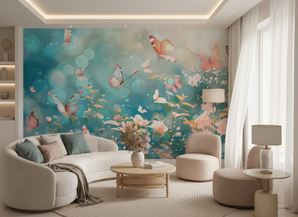 Papier peint féérique papillons multicolores et fleurs sur fond turquoise - Salon / Séjour