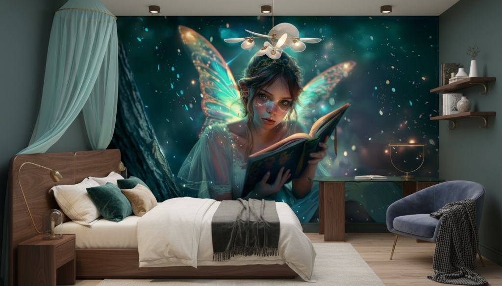 Papier Peint Fée Magique aux Ailes Lumineuses Lisant un Grimoire - Chambre ado