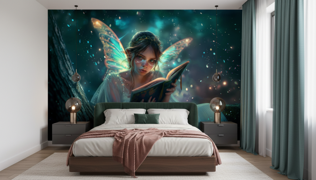 Papier Peint Fée Magique aux Ailes Lumineuses Lisant un Grimoire - Chambre adulte