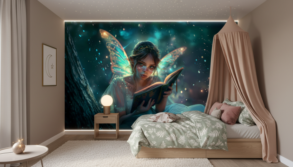 Papier Peint Fée Magique aux Ailes Lumineuses Lisant un Grimoire - Chambre enfant