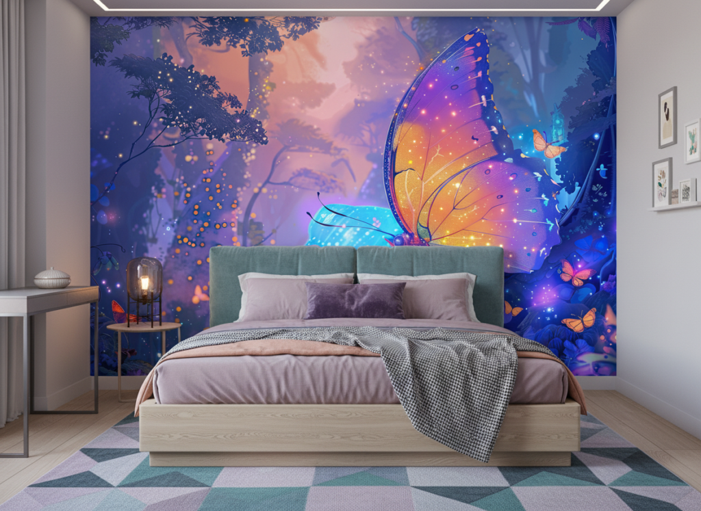 Papier peint féerique aux papillons lumineux dans forêt enchantée violette - Chambre ado