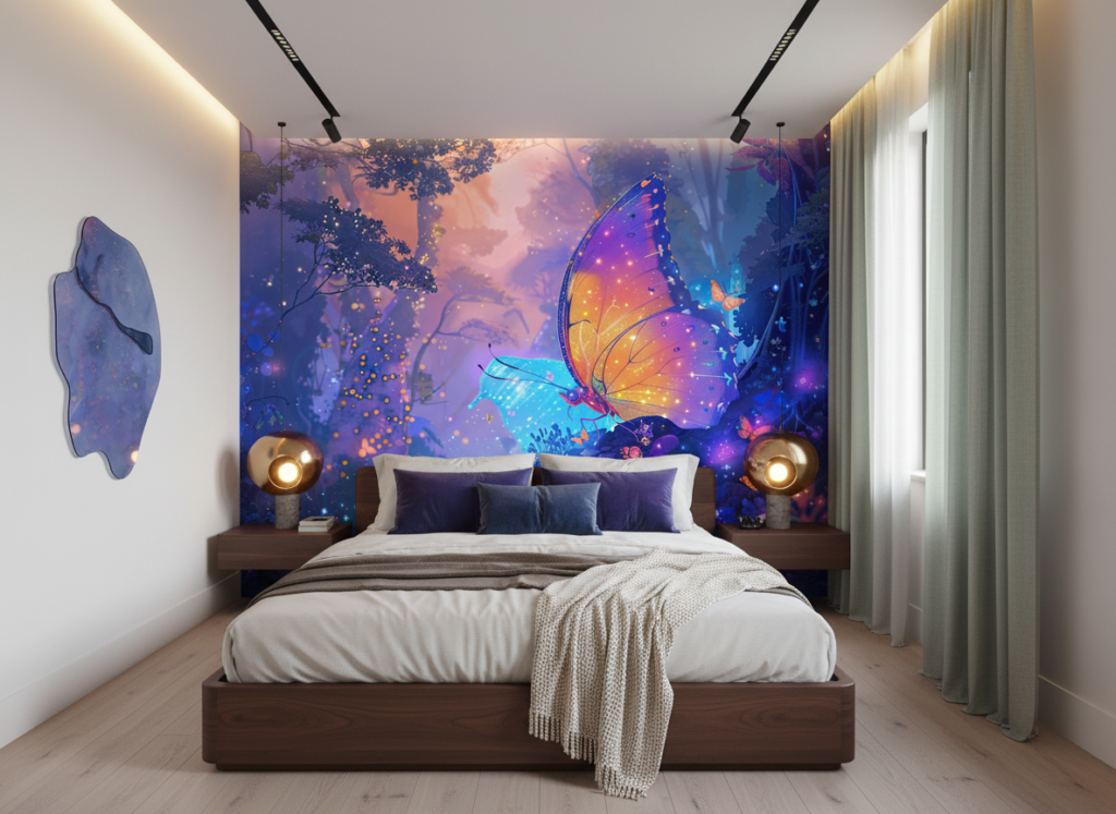 Papier peint féerique aux papillons lumineux dans forêt enchantée violette - Chambre adulte