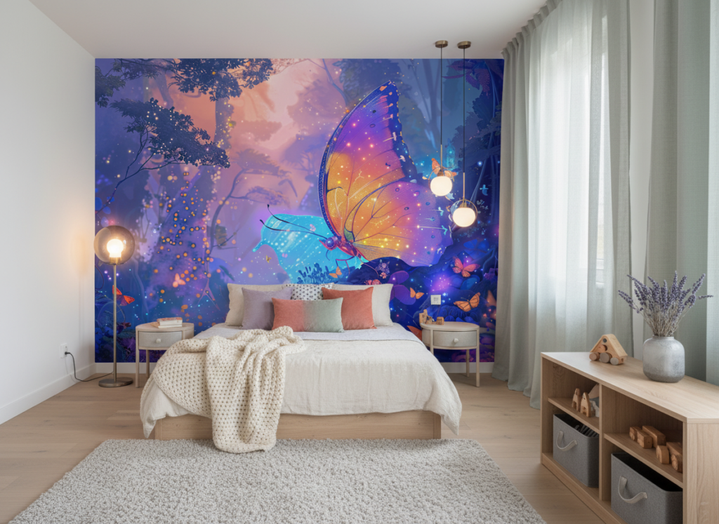 Papier peint féerique aux papillons lumineux dans forêt enchantée violette - Chambre enfant