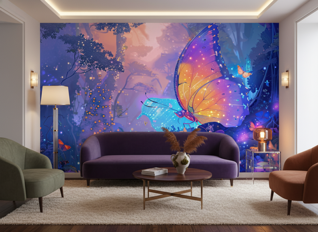 Papier peint féerique aux papillons lumineux dans forêt enchantée violette - Salon / Séjour