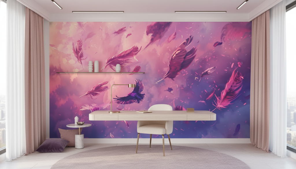 Papier peint féerique aux plumes violettes et nuages rosés - Bureau