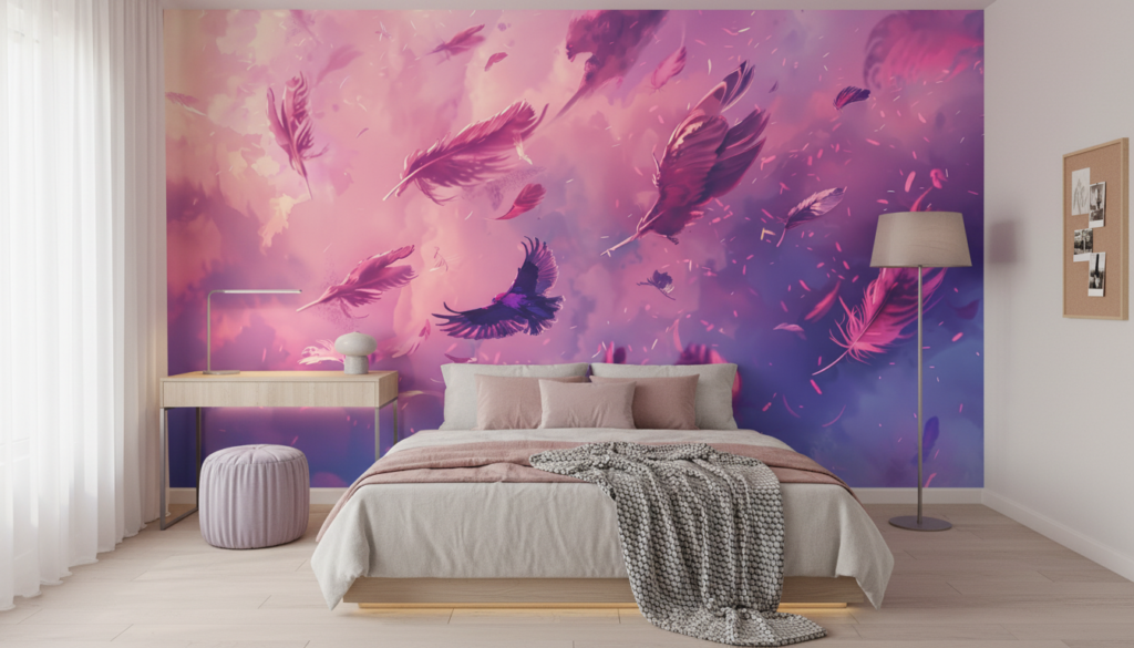 Papier peint féerique aux plumes violettes et nuages rosés - Chambre ado