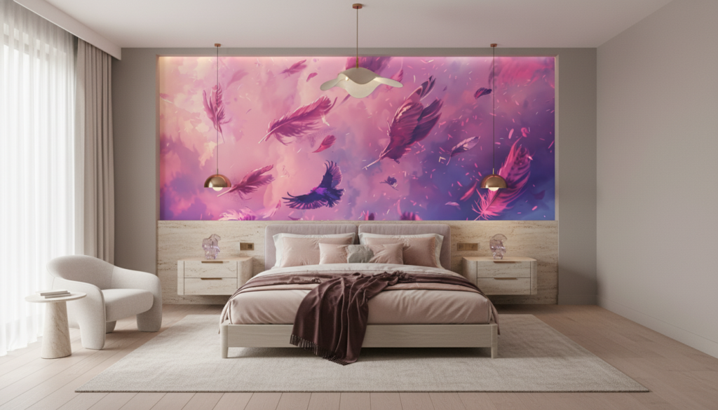 Papier peint féerique aux plumes violettes et nuages rosés - Chambre adulte