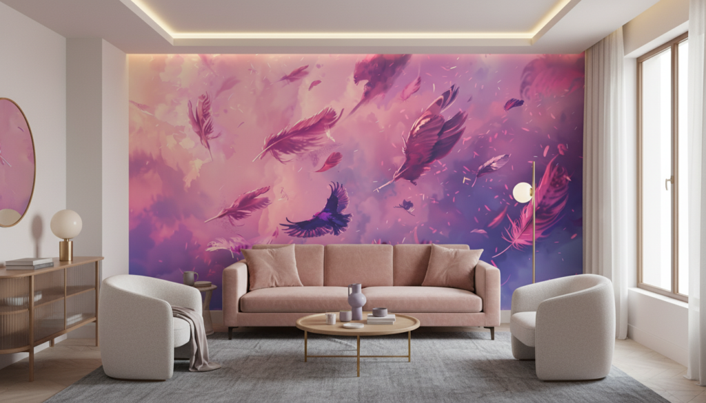 Papier peint féerique aux plumes violettes et nuages rosés - Salon / Séjour
