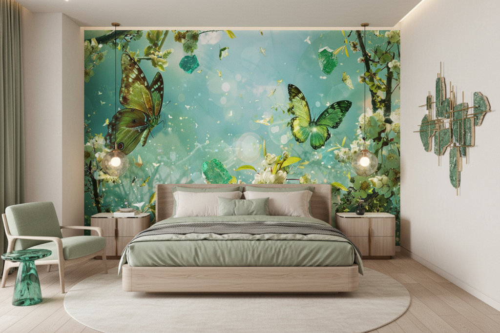 Papier peint féerique avec papillons verts et fleurs blanches enchantées - Chambre adulte