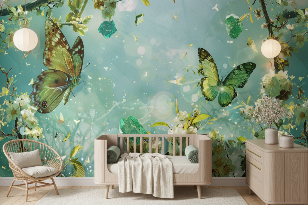 Papier peint féerique avec papillons verts et fleurs blanches enchantées - Chambre enfant