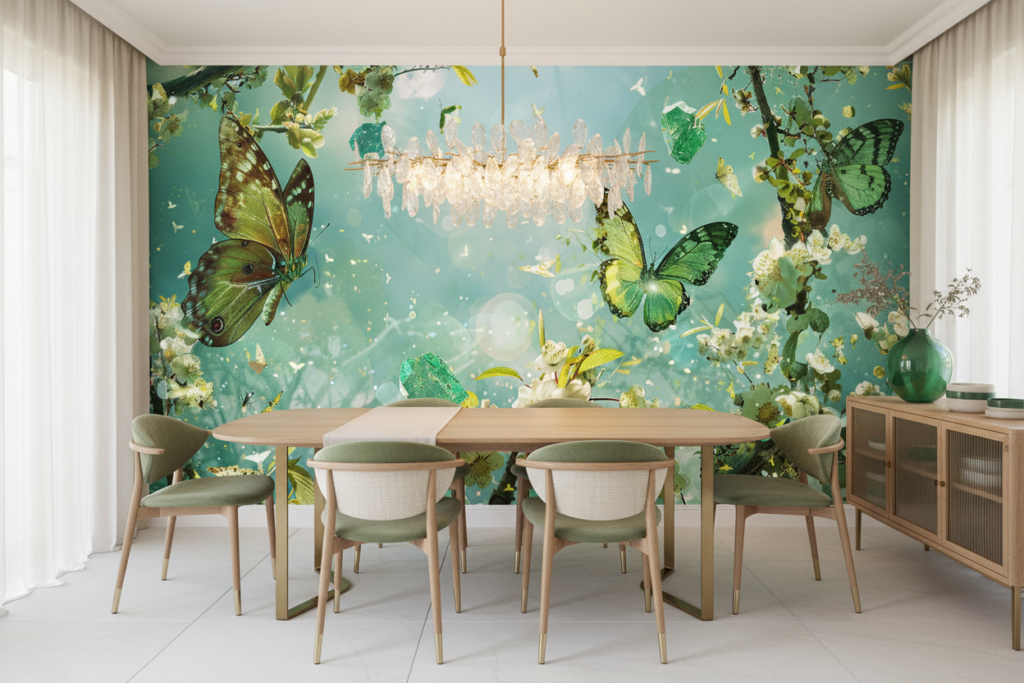 Papier peint féerique avec papillons verts et fleurs blanches enchantées - Salle à manger