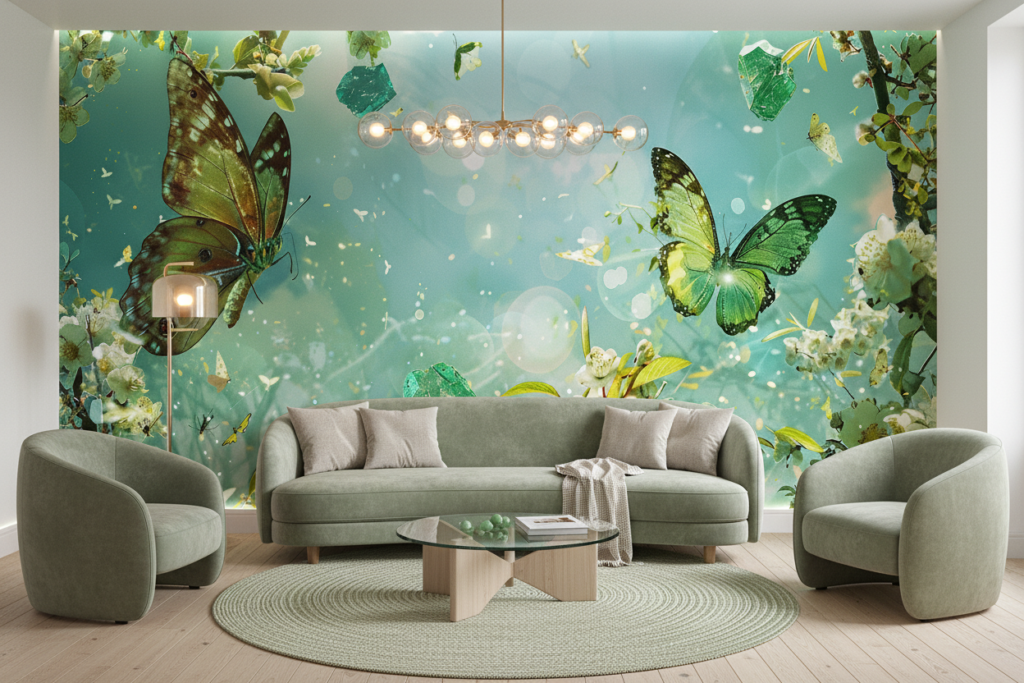 Papier peint féerique avec papillons verts et fleurs blanches enchantées - Salon / Séjour