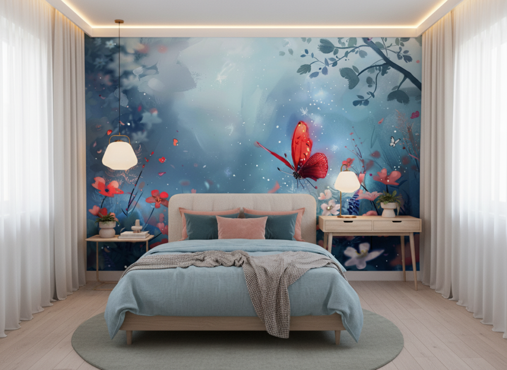 Papier peint féerique à papillon rouge et fleurs bleues romantiques - Chambre ado