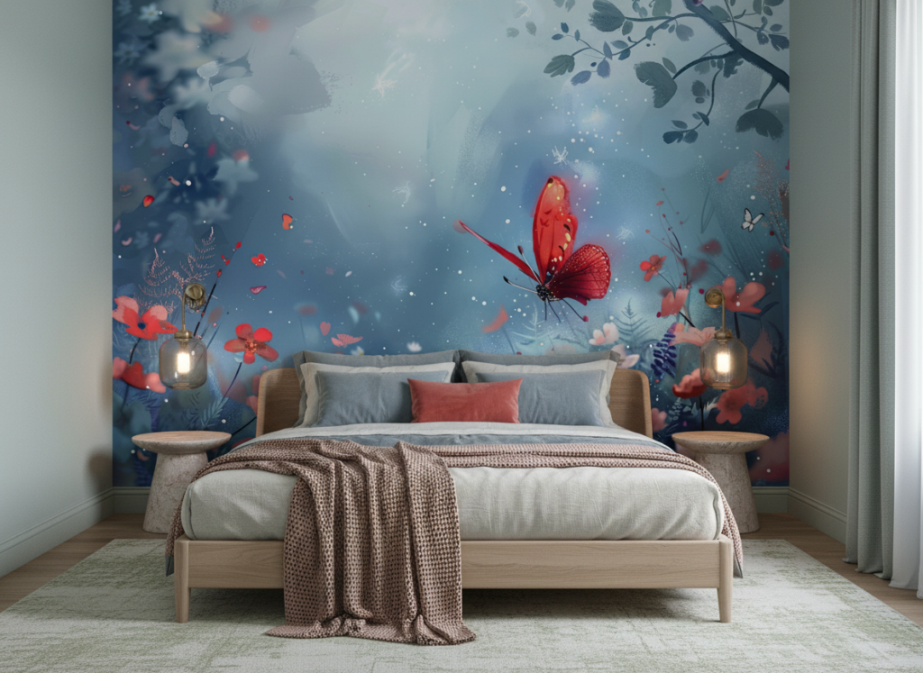Papier peint féerique à papillon rouge et fleurs bleues romantiques - Chambre adulte