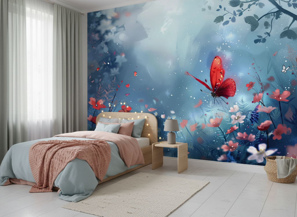 Papier peint féerique à papillon rouge et fleurs bleues romantiques - Chambre enfant